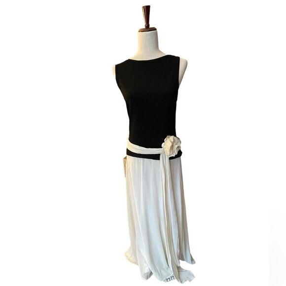 Vintage Tadashi Shoji formal black and cream long sleeveless dress size 10 - Picture 2 of 5